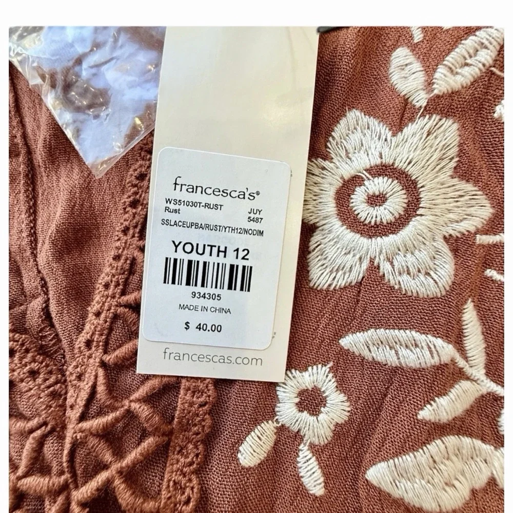 Boho Floral Embroidered Ruffle Tiered Mini Dress Rust Orange Terracotta Size 12